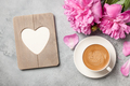 Hot coffee, peony flowers and heart shaped frame - PhotoDune Item for Sale