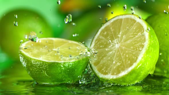 Super Slow Motion Shot of Water Splashing on Fresh Lime 1000Fps