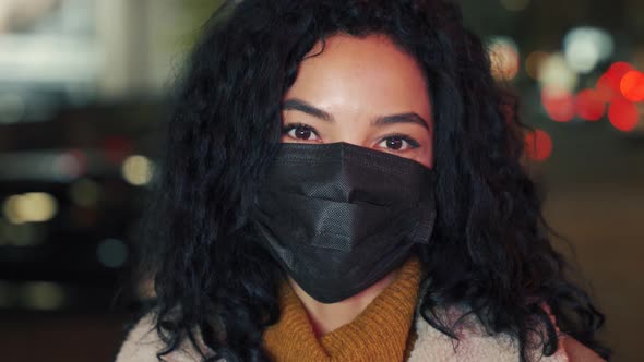 Headshot Portrait of Happy Afro American Young Woman in Protective Mask