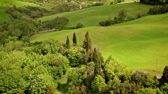 Flying over the beautiful Tuscany Italy landscape