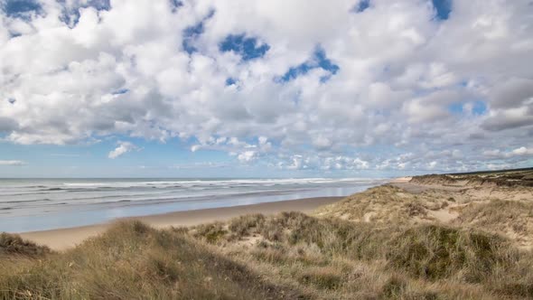 Clouds over Ocean Beach Grassy Coastline in New Zealand Wild Nature