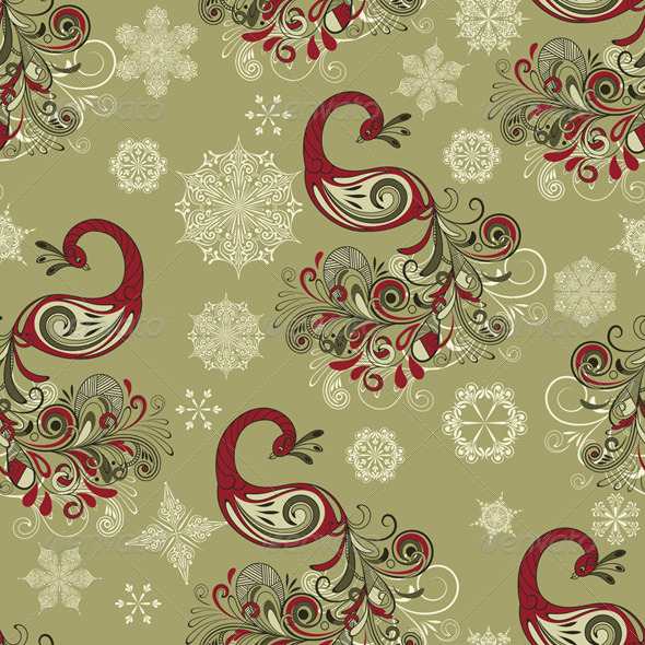 Vector Seamless Winter Pattern with Peacocks and S