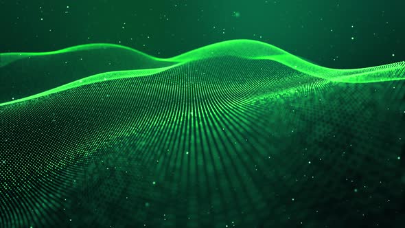 Looped Abstract Green Background of Glow Particles Form Lines Surfaces Structures As Futuristic