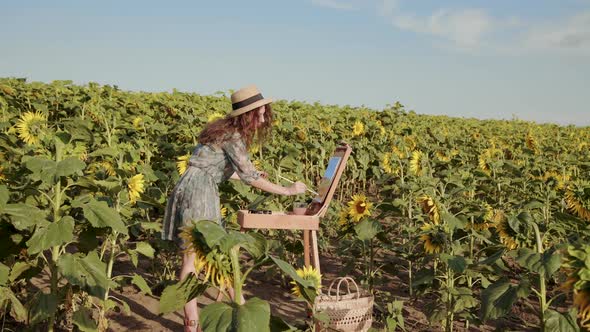 Pretty Redhaired Lady Painting in the Summer Spacious Sunflower Field