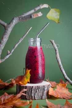 Immune system boosting red berries smoothie on wooden stand with leaves for autumn or virus season / Photodune, Misc