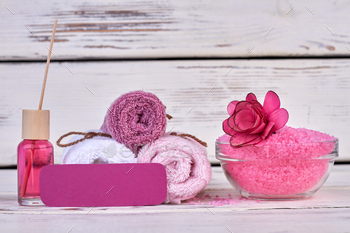 Bodycare spa stuff with copy space on white wooden background. / Photodune, Misc