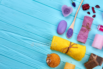 Bath and spa stuff on blue wooden table top view flat lay. / Photodune, Misc