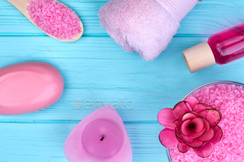 Vertical shot flat lay pink accessories for bath and spa. / Photodune, Misc