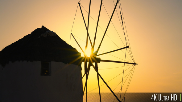 4K Windmill Close Up during the Sunset on the Island of Mykonos, Greece