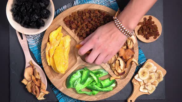 Mix of Dried Fruits Top View. Symbols of Judaic Holiday Tu Bishvat. Thanksgiving Day. Flat Lay