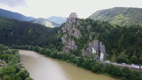 Aerial view of the castle in the village of Strecno in Slovakia