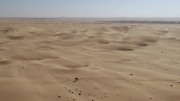 Aerial view of one person riding horse in the desert of Al Khatim in Abu Dhabi.