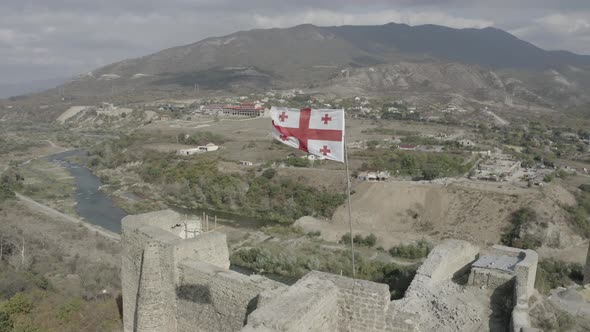 Aerial view. Tbilisi. Flag of Georgia.