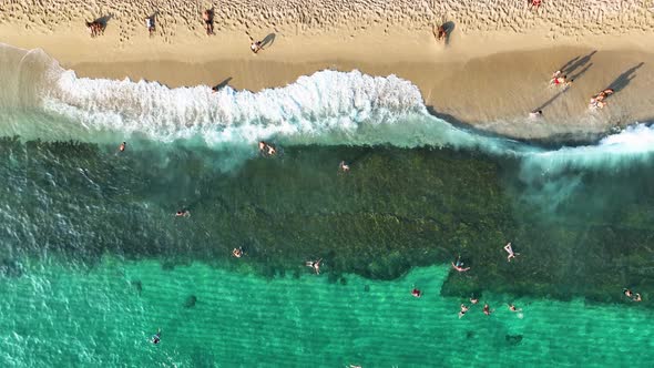 People swim in the azure sea aerial view 4 K Turkey Alanya