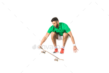 handsome young man jumping with longboard isolated on white / Photodune, Misc