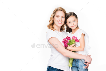 portrait of cheerful mother and little daughter with bouquet of flowers isolated on white, mothers / Photodune, Misc