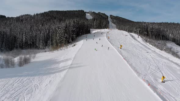 Aerial View Lot of Skiers Go Down the Ski Slopes. Drone Flies Low Next To Skiers