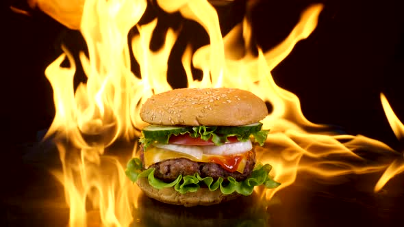 Delicious Burger on the Background of Fire