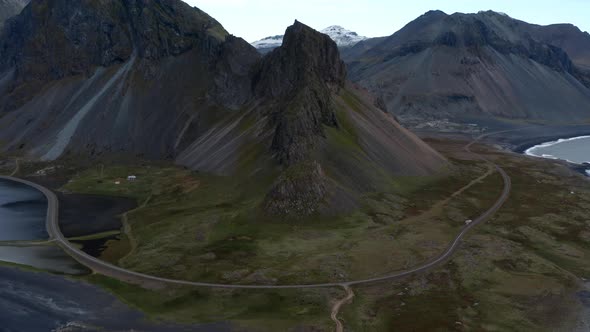 Drone Over Landscape With Road And Estrahorn Mountain