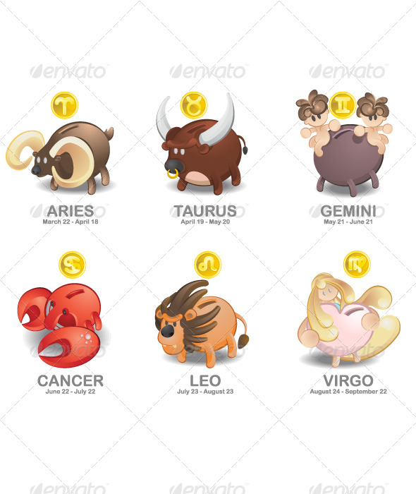Piggy Bank of Zodiac icon set: Aries, Taurus, Gemi