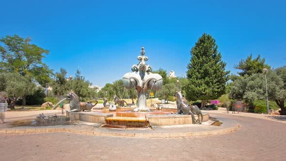 The Lions Fountain Timelapse Hyperlapse Located in a Park in the Yemin Moshe