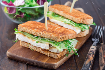 Sandwich with whole grain toasts, grilled chicken breast fillets, cucumber and sprouts, horizontal / Photodune, Misc