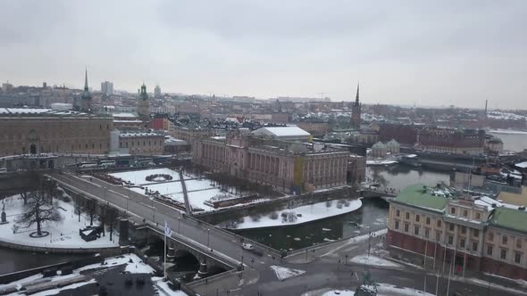 Aerial upward view over Gustav Adolf's Square and Norrbro bridge situated in Stockholm,Sweden.