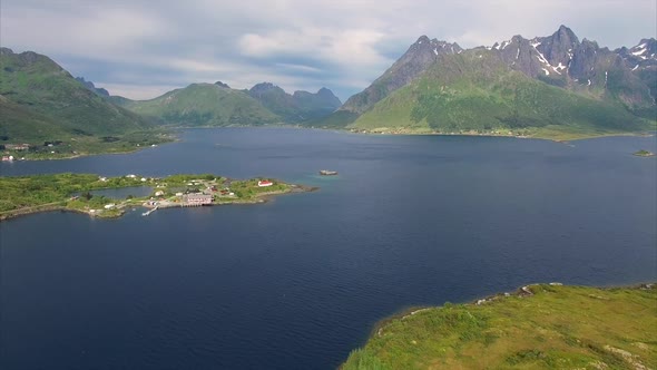 Lake with Sildpollness church on Lofoten islands