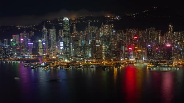 Cityscape Hong Kong Buildings with Flashing Lights at Night