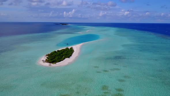 Aerial drone seascape of shore beach time by blue ocean and sand background