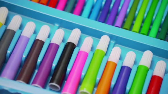 multi-colored markers and pencils. school supplies. drawing class develops talent art creativity