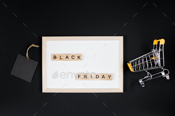 Black Friday sale. Mini shopping cart in frame on black background. / Photodune, Misc