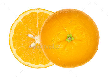 . Ripe fresh orange cut in half, both halves laterally offset, showing peduncle, cross section with segments, fruit flesh and seeds. Macro food photo.