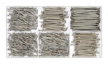 lastic box. Set of round nails for use in daily life, in a plastic kit. Common inexpensive hardware. Close-up, from above, isolated over white. Photo.