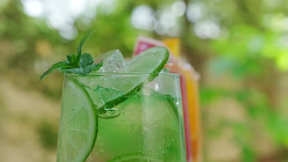 Mix Of Three Ice Refreshing Drinks With Orange, Lime And Grapefruit Cold Refreshing Cocktails