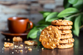 Oatmeal cookies with nuts on table with cup of coffee - PhotoDune Item for Sale