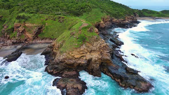 Aerial Drone Fly Above Mazunte Ocean Cliff Turtle Conservation Center Mexico Sea