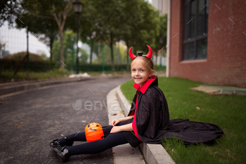 Happy Caucasian Girl With Blonde Hair Celebrating Halloween Outdoor / Photodune, Misc