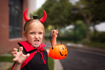 Happy Caucasian Girl With Blonde Hair Celebrating Halloween Outdoor / Photodune, Misc