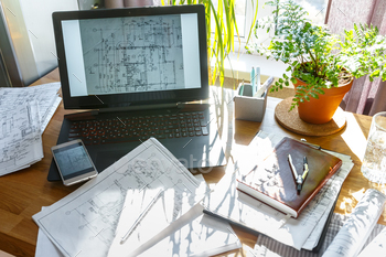 Architect works remotely from home in quarantine, lockdown covid 19 coronavirus. Remote work, stay / Photodune, Misc