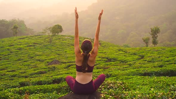 Back View of Young Woman Doing Yoga Poses and Breathing in Tea Plantation in Kerela Munnar