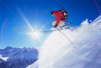Photos: 20s Adventure Sport Blue Sky Caucasian Color Colour Exhilaration Horizontal Image Jump Jumping Leisure Man Mid Air Mountain One Person Outdoors Powder Recreation Ski Slope Skier Skiing Skis Snow Solar Flare Sport Sportswear Twenties Winter Young Adult