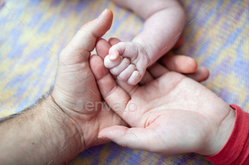 the hand of a sleeping child in the hand of a mother and father close-up. Close-up of the hands of / Photodune, Misc