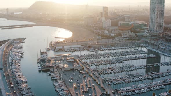 Panning Aerial View on Port Olimpic Barcelona Crowded with Yachts