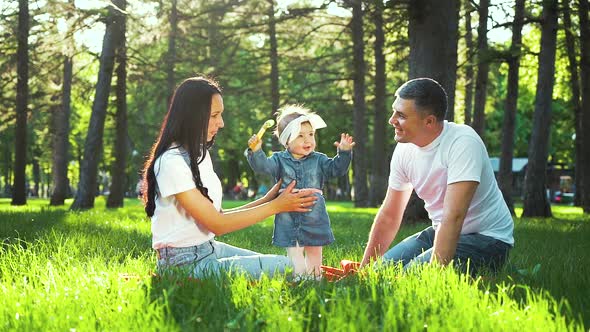 Happy Parents with Toddler Daughter Together on Green Grass in City Park alt