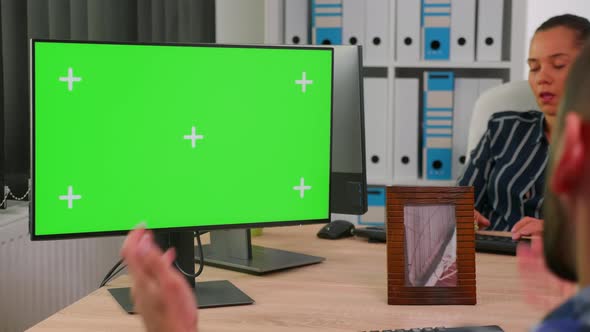 Handicapped Businessman Using Computer with Chroma Key
