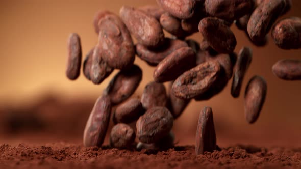 Super Slow Motion Shot of Raw Chocolate Beans Falling Into Cocoa Powder at 1000Fps