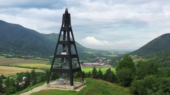Aerial view of a lookout tower in the village of Terchova in Slovakia
