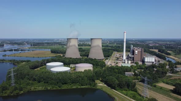 Gas-fired power station Clauscentrale behind city Maasbracht, the Netherlands