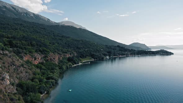 Aerial shot of Macedonia coast. Clif and beautiful water around Ohrid Lake in Southern Europe.